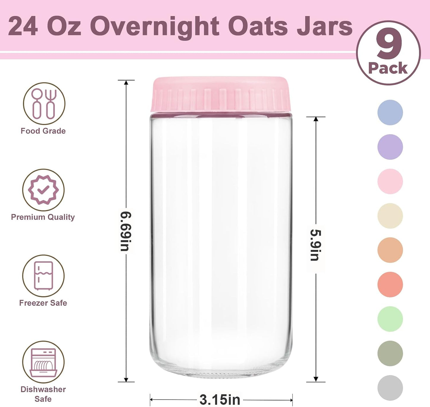Overnight Oats Containers with Lids, 10oz Wide Mouth Mason Jars with Lids, 9 Pack Glass Jars with Airtight lid for Chia Pudding Yogurt Salad, Meal Prer Oatmeal Jars, Pink