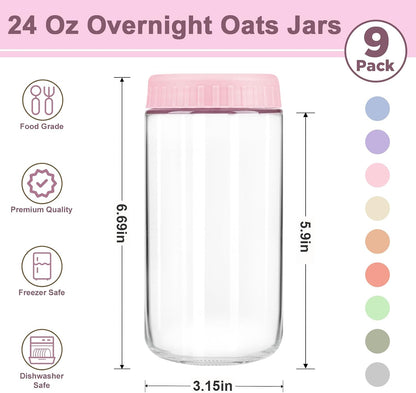 Overnight Oats Containers with Lids, 10oz Wide Mouth Mason Jars with Lids, 9 Pack Glass Jars with Airtight lid for Chia Pudding Yogurt Salad, Meal Prer Oatmeal Jars, Pink