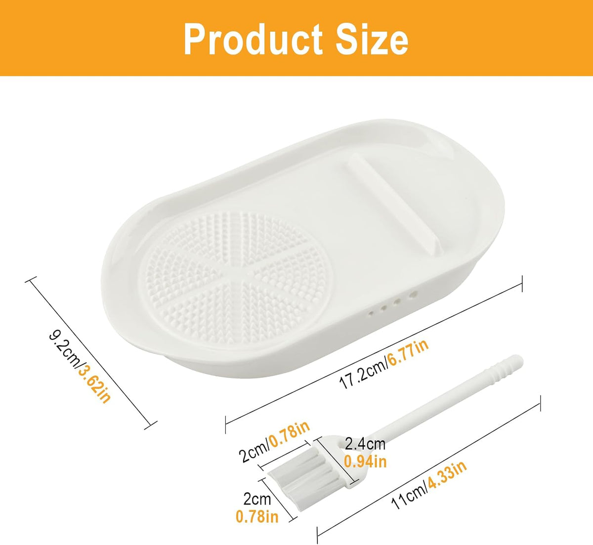 4 in 1 Porcelain Ginger Grater Plate with Egg Cracker, Spoon Rest and Herb Stripper, Ceramic Garlic Grater with Brush for Grinding Wasabi, Ginger, Garlic, Cheese 6.8" × 3.6"(Dishwasher Safe)