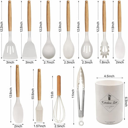 Silicone Kitchen Utensil Set with Holder, 12-Piece Heat-Resistant BPA-Free Non-Stick Cooking Tools with Wooden Handles, Includes Spatula, Spoon, Slotted Spoon, Whisk, Tongs & Brush