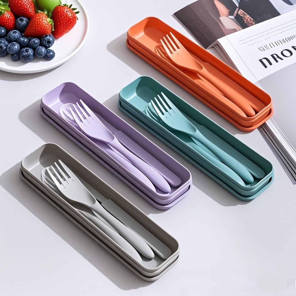 Reusable Utensils Set with Case, Wheat Straw Portable Spoon and Fork Set, Plastic Work School Kids Adults or Daily Use Cutlery Set - for Lunch Box Use Outdoor (Red)