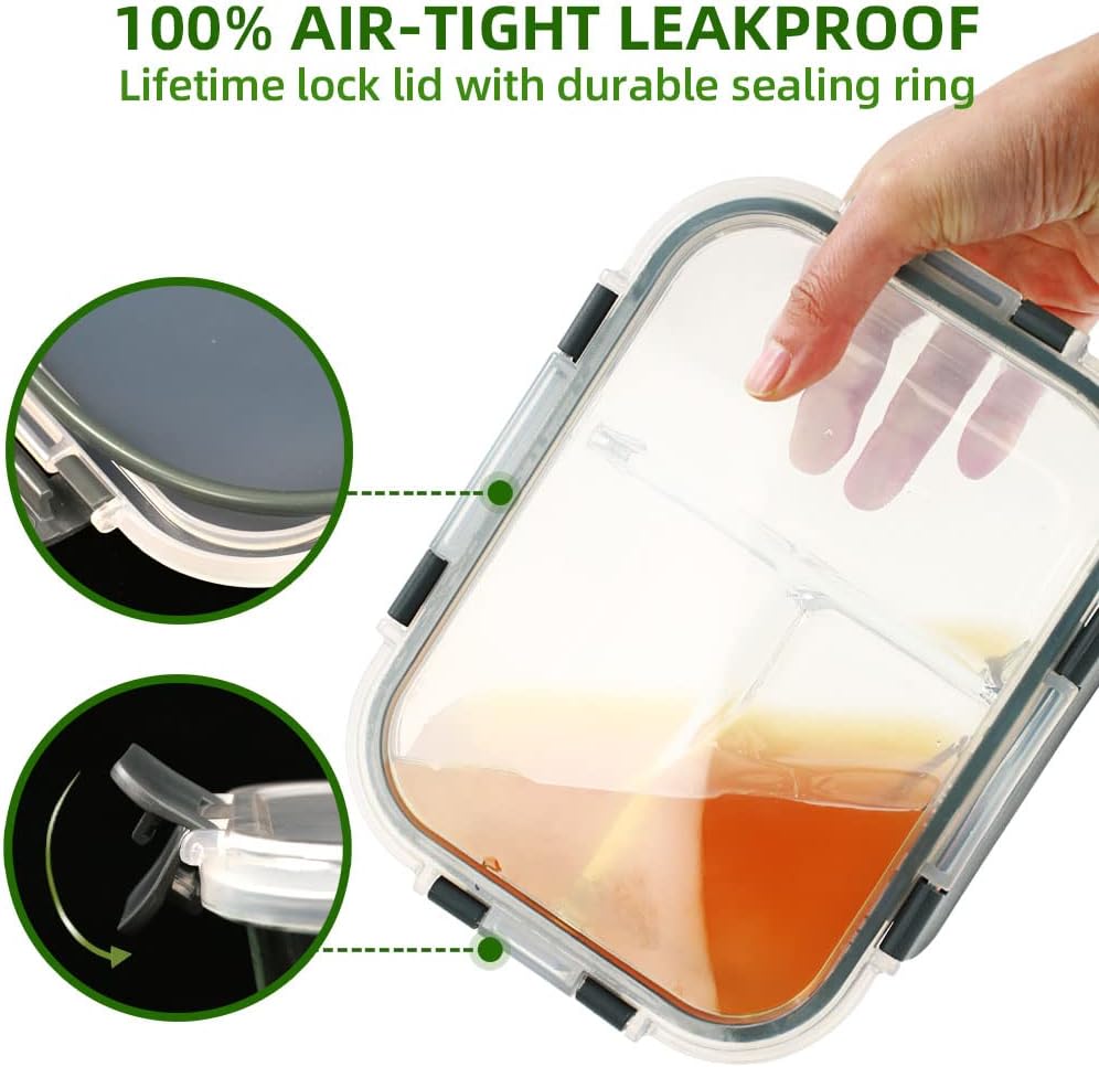 DAS TRUST 3 Pack Bento Box Glass Meal Prep Containers - 3 Compartment Glass Food Storage Containers with Lids - Lunch Box Meal Prep Bowls - Oven Safe