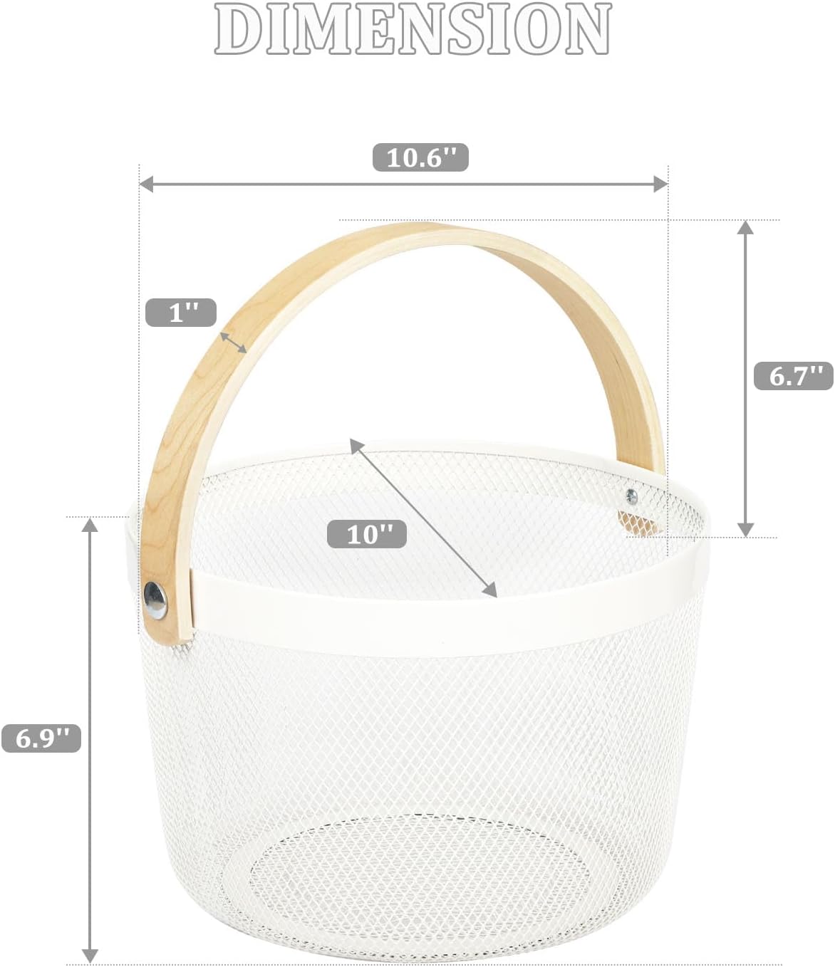 IBWell Bucket-Shape Metal Wire Woven Fruit Storage Bowl Basket with Wooden Handle, Large Black Mesh Fruit Stand, Multi-function Hanging Kitchen Baskets (Blue Grey)