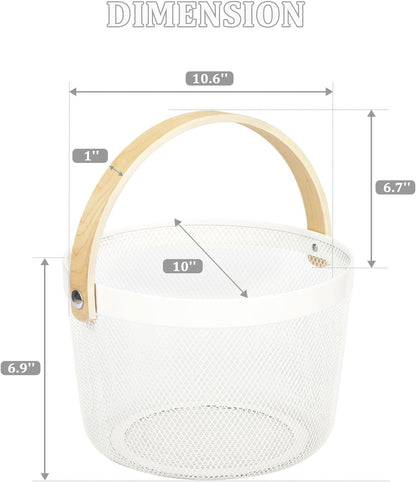 IBWell Bucket-Shape Metal Wire Woven Fruit Storage Bowl Basket with Wooden Handle, Large Black Mesh Fruit Stand, Multi-function Hanging Kitchen Baskets (Blue Grey)