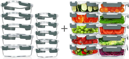 VERONES 10 Pack Glass Containers Set & 22OZ 10 Pack Glass Meal Prep Containers,Stackable Food Storage Containers Set with Lids,BPA-Free, for Microwave, Oven, Freezer & Dishwasher Friendly