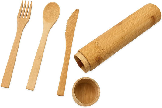 Eco-Friendly Travel Utensils Set: Lightweight Bamboo Forks, Spoons, Knives in Wooden Case, Reusable Utensils for Lunch Box, Kids Camping Cutlery, Sustainable Portable Flatware