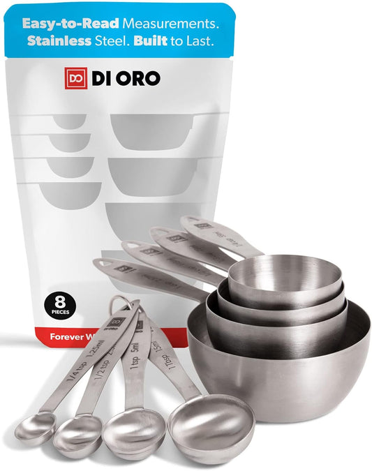 DI ORO Stainless Steel Measuring Cups & Spoons Set - 8-Piece Kitchen Set for Cooking & Baking - Food Grade Metal, Liquid Measuring, Dishwasher Safe