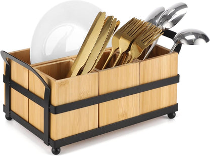 Silverware Caddy for Party, Wooden Kitchen Utensil Caddy with 4 Removable Compartments, Countertop Cutlery Flatware Organizer for Plates, Knives, Spoons, Forks, Napkins