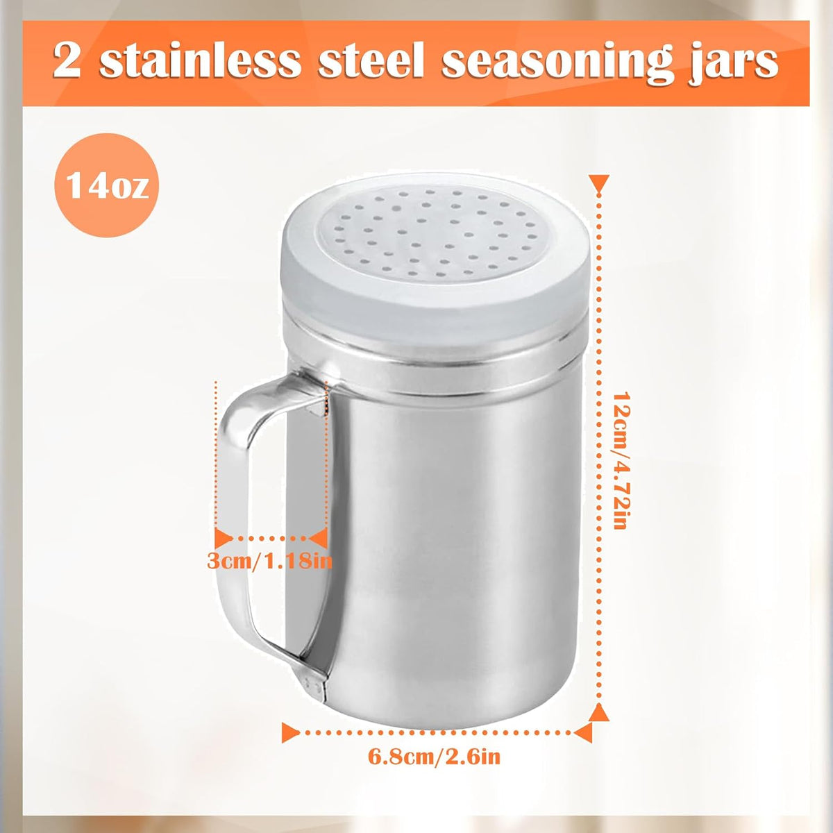 2Pcs Metal Salt Pepper Dredge Shakers, Stainless Steel Pepper Shaker Seasoning Jar With Handle, With Hole And Cover, Suitable For Pepper, Cinnamon And Coffee Spice Jars (Small-6OZ)