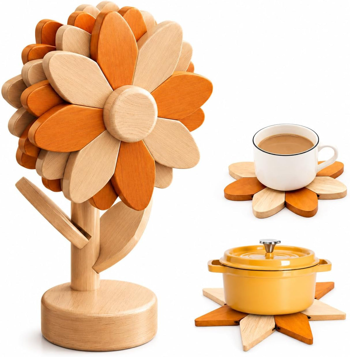 Sunflower Trivets for Hot Dishes, 5Pc Wooden Tree Trivet Stand Set