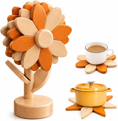 Sunflower Trivets for Hot Dishes, 5Pc Wooden Tree Trivet Stand Set