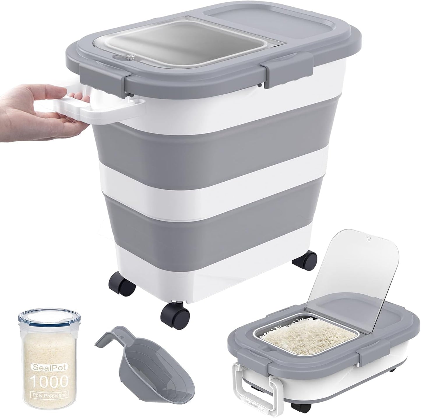 HOYTAMDA 25-40Lbs Rice Container,Collapsible Airtight Food Storage Containers with Wheels,Handle,Rice Storage Container with Small Bin and Scoop,Rice Dispenser for Flour Sugar Cereal Grain Dog Cat