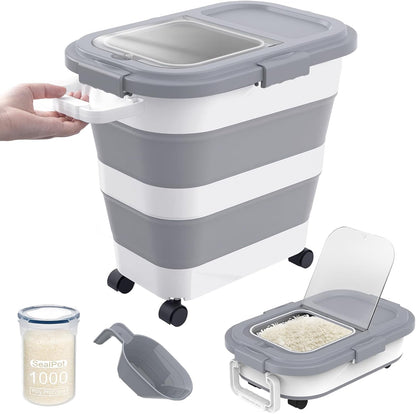 HOYTAMDA 25-40Lbs Rice Container,Collapsible Airtight Food Storage Containers with Wheels,Handle,Rice Storage Container with Small Bin and Scoop,Rice Dispenser for Flour Sugar Cereal Grain Dog Cat