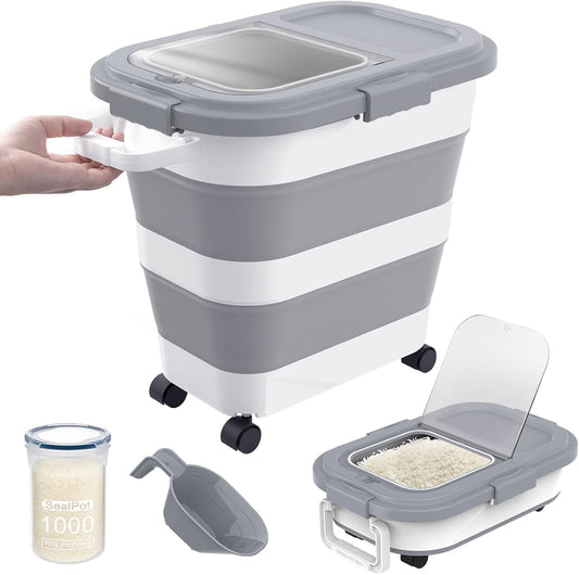 HOYTAMDA 25-40Lbs Rice Container,Collapsible Airtight Food Storage Containers with Wheels,Handle,Rice Storage Container with Small Bin and Scoop,Rice Dispenser for Flour Sugar Cereal Grain Dog Cat