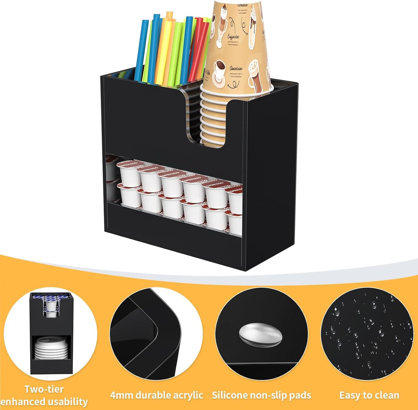 Coffee Condiment and Cup Organizer - 2-Tier Upright Cup and Lid Holder with Straw Organizer 2 Compartments Clear Acrylic Cup Dispenser for Restaurant Breakroom Coffee Station Countertop