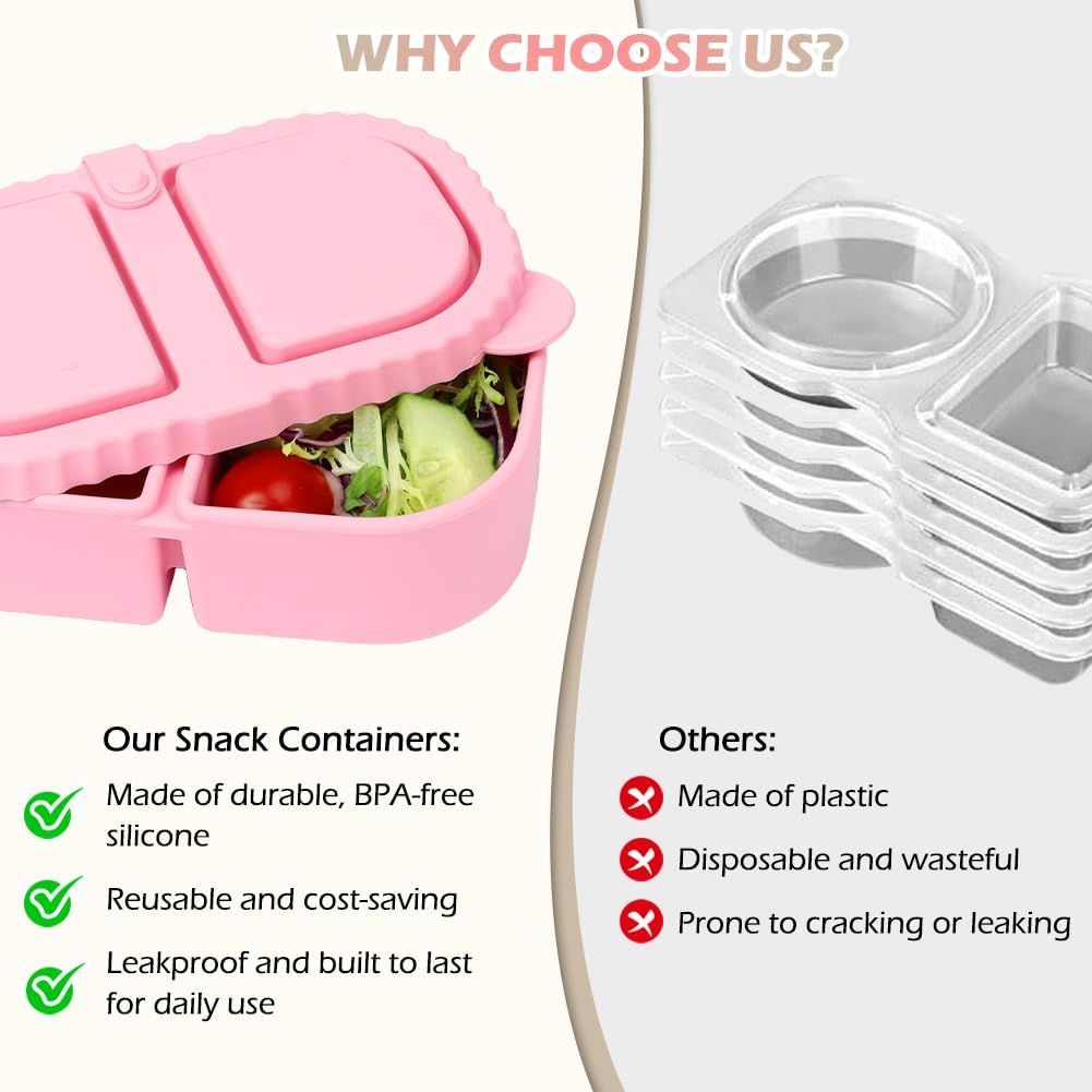 YQL 4 Pack Silicone Snack Containers with Leakproof Lids, Double-Compartment Bento Boxes for Kids & Adults, Reusable Food Storage for Snacks, Sauces, Lunch, Travel, and Meal Prep