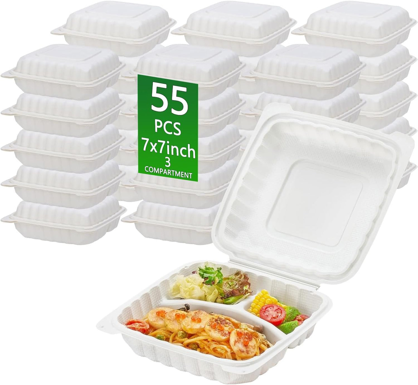 3-Compartment Clamshell Food Containers, Heavy Duty Plastic To Go Boxes with Hinged Lid, Microwave, Freezer & Dishwasher Safe, BPA-Free Takeout Trays for Meal Prep (White) (30, WHITE, 9 * 9inch)