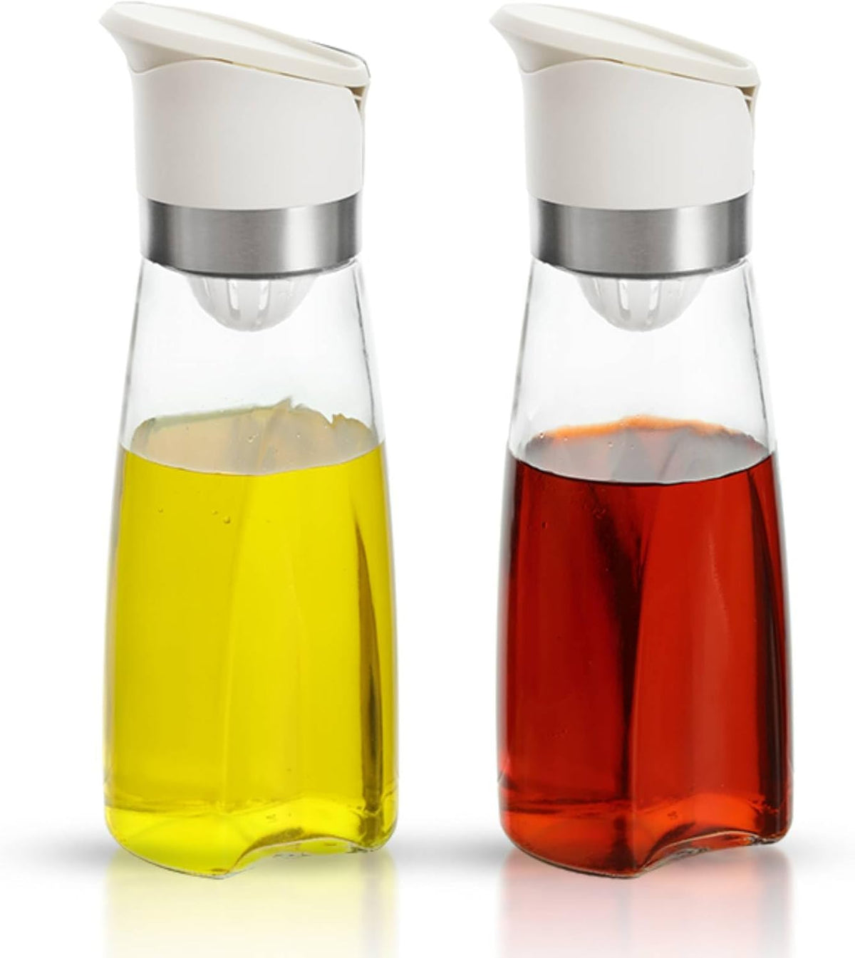 Premium Glass Olive Oil and Vinegar Dispenser Bottles Set, 2-Piece 11oz Kitchen Cooking Cruet with Auto-Open Lid, Non-Drip Pouring Spout, Oil Infuser Filter, Dishwasher Safe
