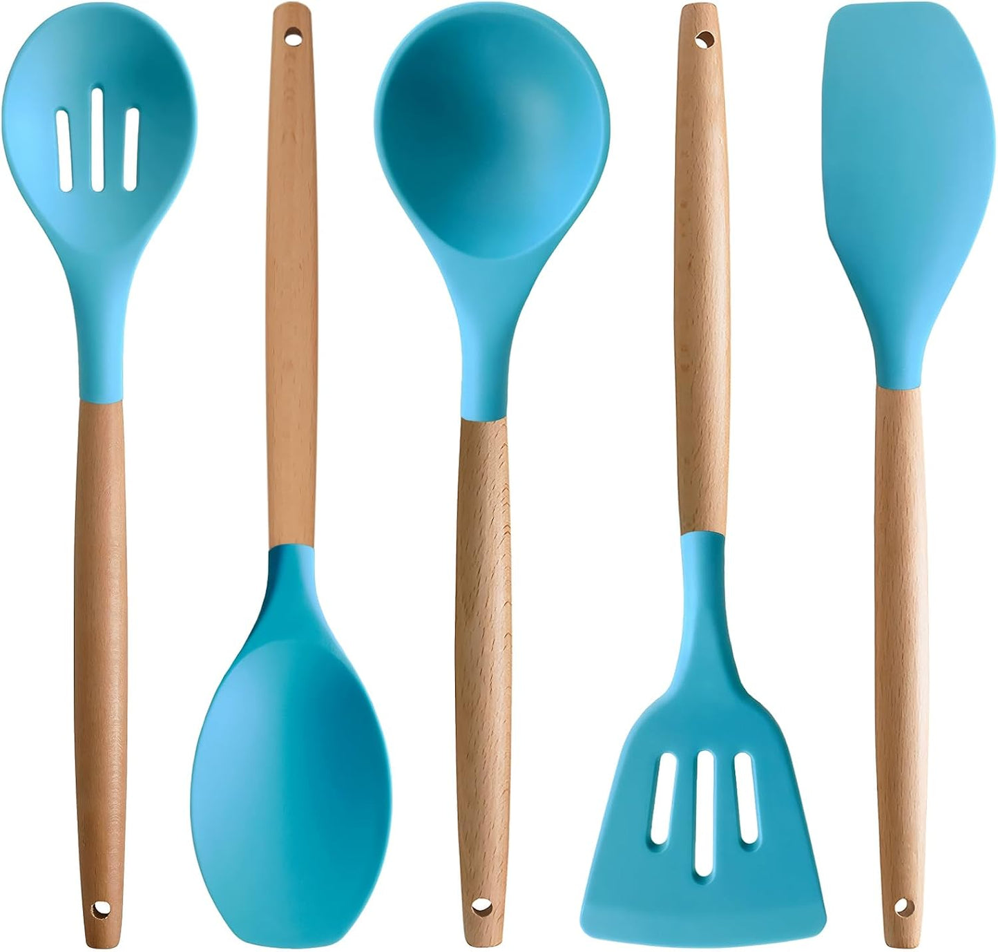 Kitchen Cooking Utensils Set, 6Pcs Silicone Kitchen Utensils Set Spatula Spoon Soup Ladle Turner, Heat Resistant Wooden Handle Silicone Cooking Gadgets for Nonstick Cookware & Baking BPA FREE