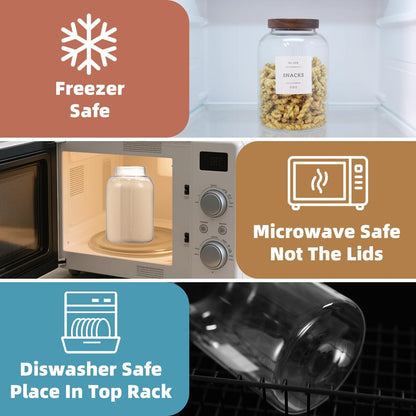 2 Pack Large Glass Flour and Sugar Storage Containers with Airtight Acacia Wood Lids and 132 Kitchen Pantey Labels Preprint - 1 Gallon Borosilicate Glass Canister Sets for Food,Pasta,Cookie,Rice
