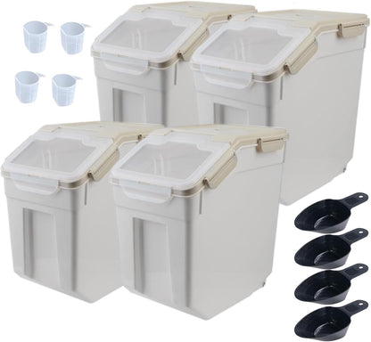 AnRui Airtight Flour Storage Container 25lb, Plastic Grain Storage Bucket, Rice Cereal Dispenser Organizer Box with Lid, Cat Dog Food Storage Bin with Measuring Cup, Scoop, Wheels, 2Pcs Green
