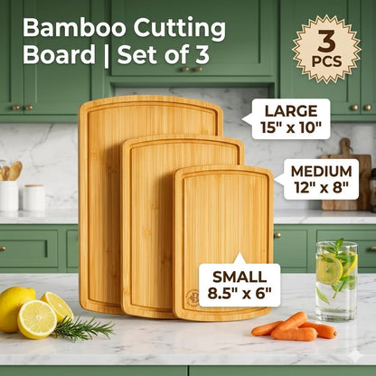 Bamboo Cutting Board Set of 4, Large Cutting Boards for Kitchen, Wood Cutting Board with Juice Groove Side Handles, Wooden Cutting Board for Kitchen, Meat Chopping Board Meal Prep, Serving Charcuterie