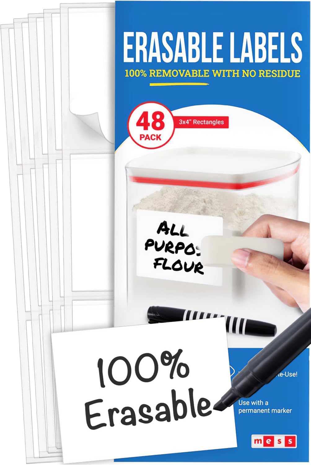 MESS Erasable Kitchen Labels, 96-Pack (1x3 & 1.5") – White Dry Erase Stickers for Pantry, Jars, Food Containers, Fridge & Freezer