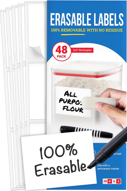 MESS Erasable Kitchen Labels, 96-Pack (1x3 & 1.5") – White Dry Erase Stickers for Pantry, Jars, Food Containers, Fridge & Freezer