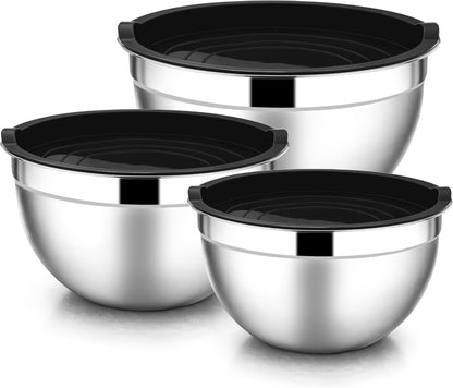 E-far Mixing Bowls With Lids Sets of 5, 10-Piece Stainless Steel Salad Metal Nesting Bowl for Baking Cooking and Prepping, Airtight Lid & Stackable Design, Size 4.6, 3, 2.1, 1.5, 0.7 QT, Black