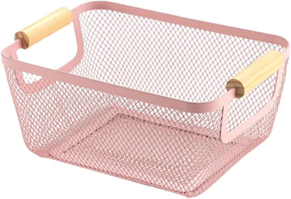 AJIODA Metal Mesh Steel Basket, Large Wire Storage Organizer Basket Multi-function Hanging Kitchen Baskets with Wood Handle for Kitchen Bathroom Picnic Home, Rectangle-Off White
