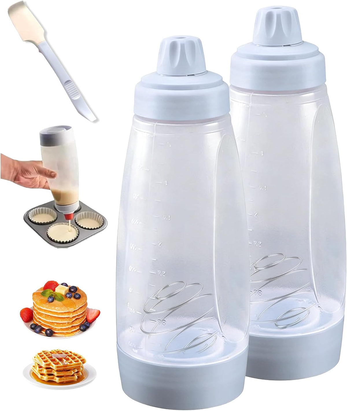 2 Pack Pancake Batter Dispenser, Pancake Batter Dispenser Bottle with 1000ml - Large Capacity No-Mess Batter Mix Dispenser for Pancakes, Waffles, Cupcakes, Crepes - Kitchen Baking Tool