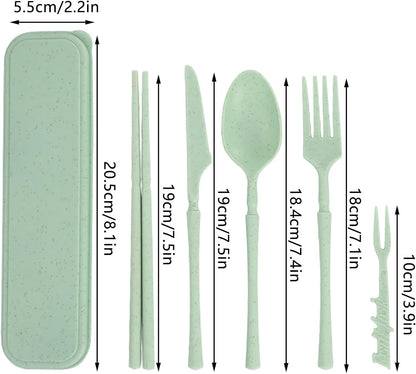 Reusable Travel Utensils Set with Case, Wheat Straw Portable Plastic Fork Spoon Knife Chopsticks Camping Cutlery, Eco-Friendly BPA Free Tableware Picnic Flatware for Kids Adults or Daily Use (Pink)