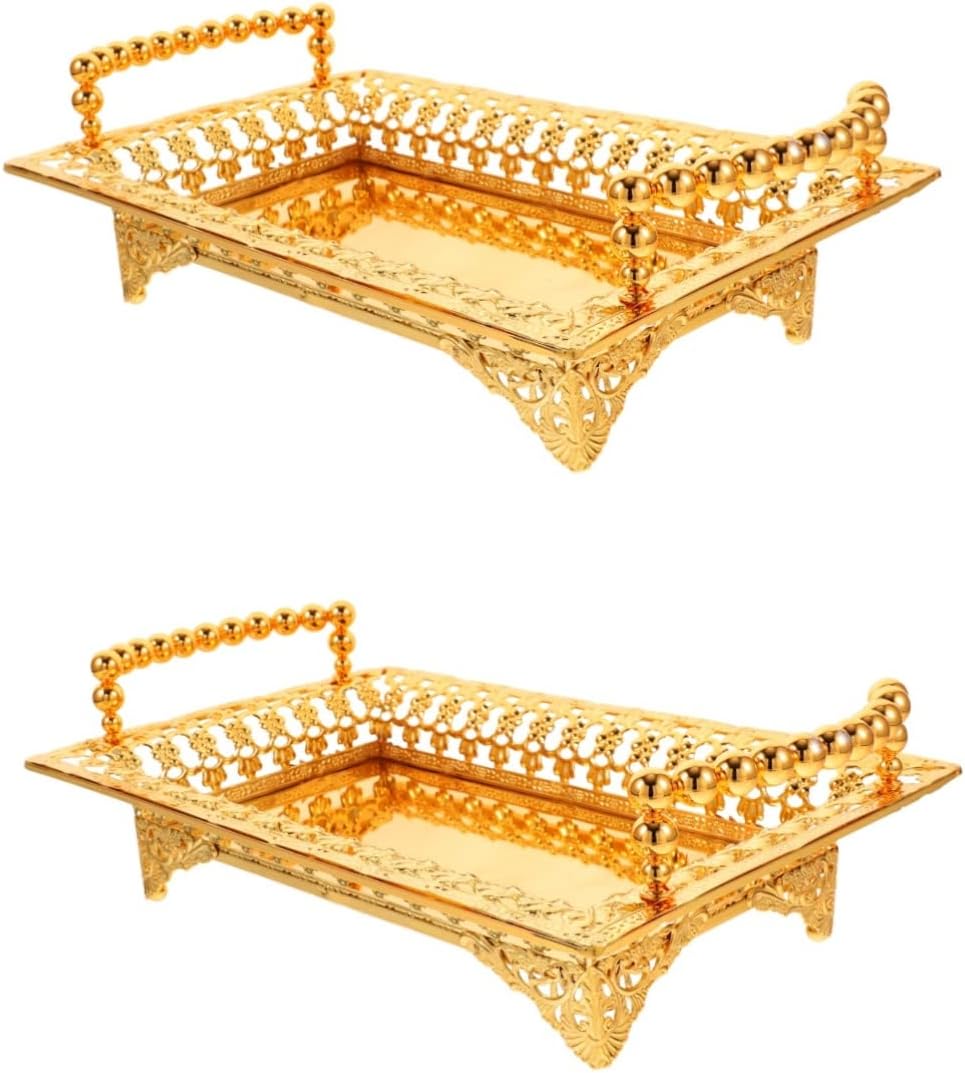 COLLBATH Nordic Style Fruit Plate with Handle 2Pc Metal Snack Serving Tray for Dried Fruits and Appetizers Elegant Gold Platter for Kitchen and Entertaining