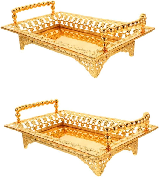 COLLBATH Nordic Style Fruit Plate with Handle 2Pc Metal Snack Serving Tray for Dried Fruits and Appetizers Elegant Gold Platter for Kitchen and Entertaining