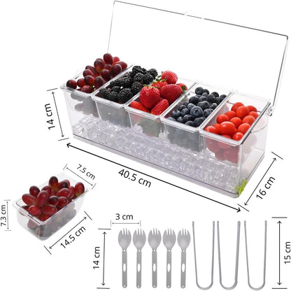 Ice Chilled 5 Compartment Condiment Serving Tray; Condiment Caddy with 5 Removable Containers; Cold Serving Trays for Food Party; Bar Accesories Fruit and Salad Caddy with Lid