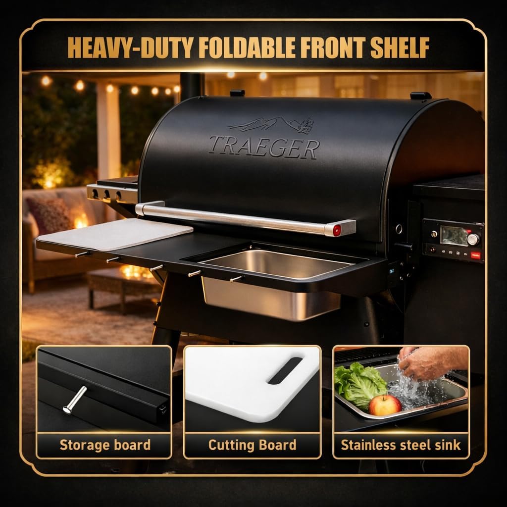 QuliMetal Folding Front Shelf for Traeger Pro 34, Texas Elite 34, Century 885 and Eastwood 34, 37" x 12" Heavy-Duty Grill Prep Table with Cutting Board, Stainless Steel Basin, Lid and 5 Hooks