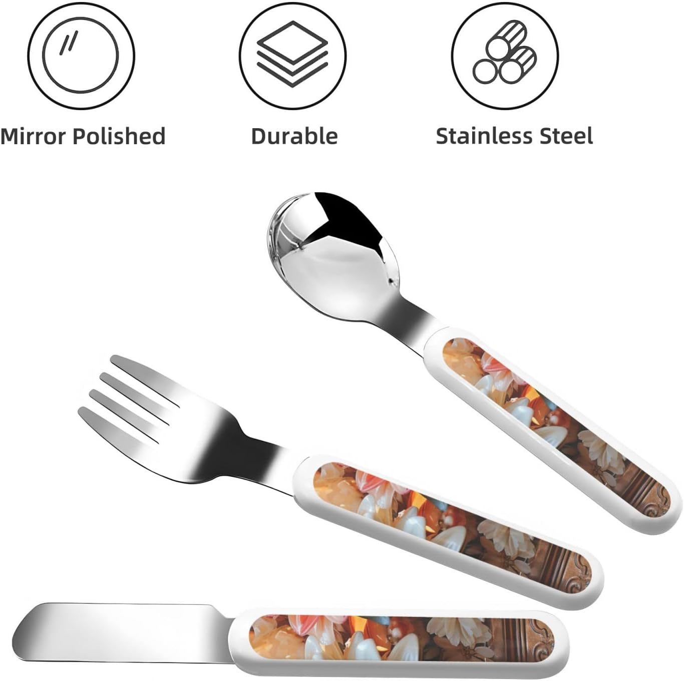 3-Piece Children Utensils Set Orange Flowers Knife Spoon Fork Set Stainless Steel Silverware Set Easy-Grip Reusable Utensils Set Child Flatware Set with Case for Lunch Travel