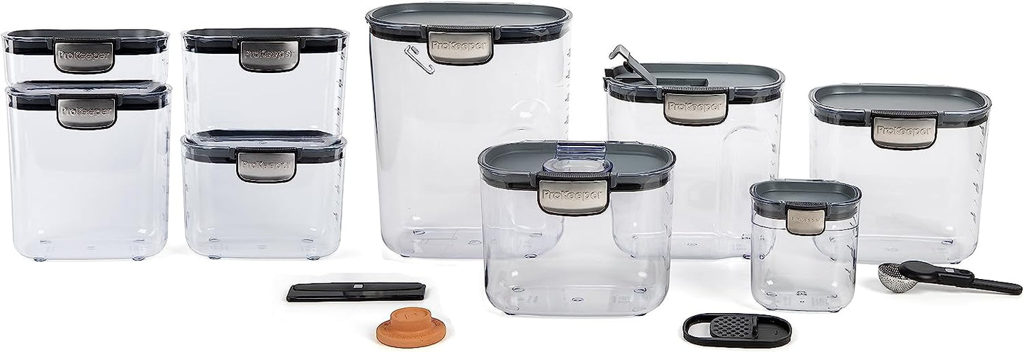ProKeeper+ Airtight Food Storage Container Set – Clear Plastic Flour and Sugar Canister Set with Magnetic Accessories for Kitchen Organization (Grey, 9-Piece)
