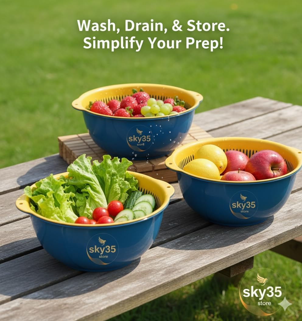 6 Piece Mixing Bowl and Colander Set – Nesting Strainer Bowls for Pasta, Salad, Fruit & Vegetables – BPA Free, Dishwasher Safe, Space-Saving Kitchen Prep Set