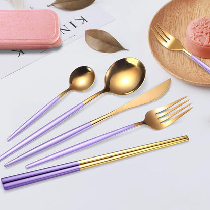 AARAINBOW 8 Pieces Stainless Steel Flatware Set Portable Reusable Cutlery Set Travel Utensils Set Including Chopsticks Knife Fork Spoon Straws Cleaning Brush Dishwasher Safe (Pink Golden)