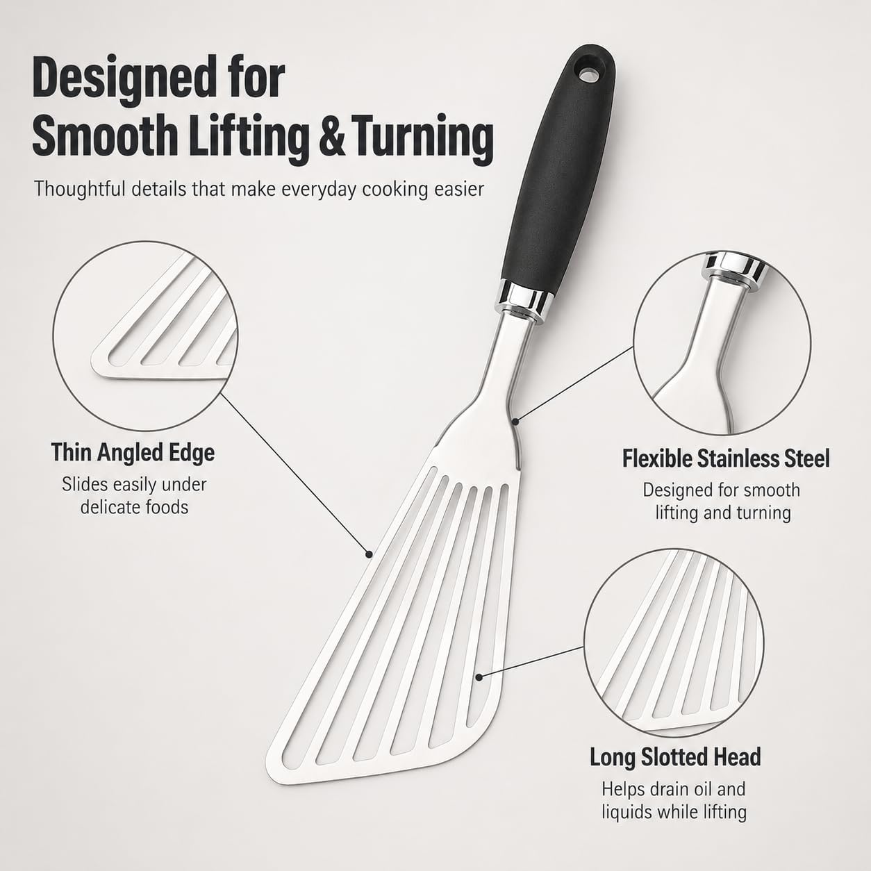 304 Stainless Steel Fish Spatula, Thin Flexible Slotted Turner | Non-Slip Ergonomic Handle, Metal Spatula for Fish, Eggs, Burgers, Cast Iron & Griddle, Black