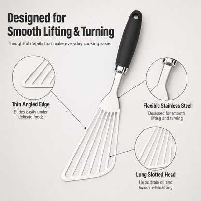 304 Stainless Steel Fish Spatula, Thin Flexible Slotted Turner | Non-Slip Ergonomic Handle, Metal Spatula for Fish, Eggs, Burgers, Cast Iron & Griddle, Black