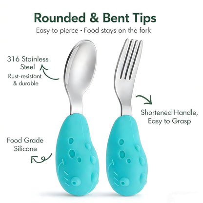 Baby Fork and Spoon Set with Carry Case Baby Training Utensils Self Feeding Toddler Silverware Silicone and Stainless Steel Kids and Toddler Utensil Set-Dinosaur