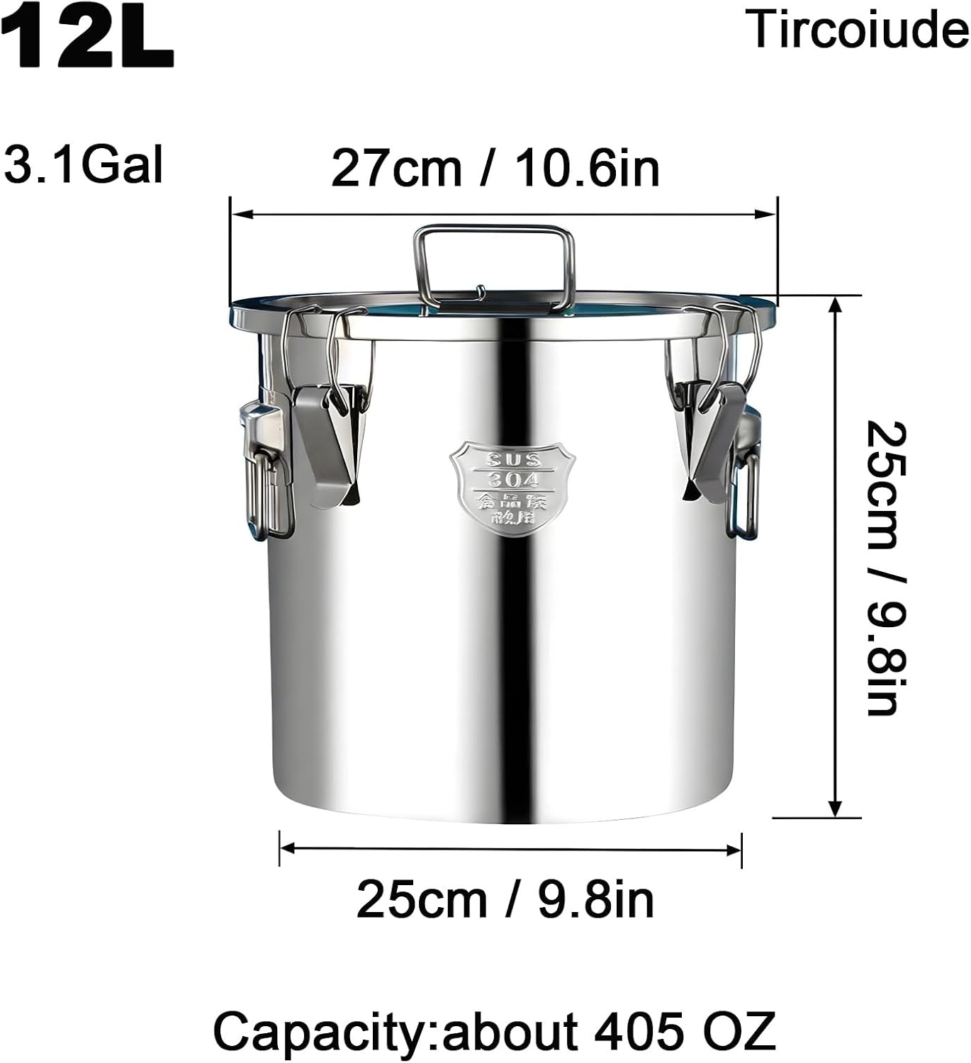 25lb Stainless Steel Containers with Lids, 12L/3.1gal 304 Stainless Steel Storage Containers, Metal Bird Seed Storage Container for Rice Flour Sugar Grain Coffee Bean Kitchen Jar