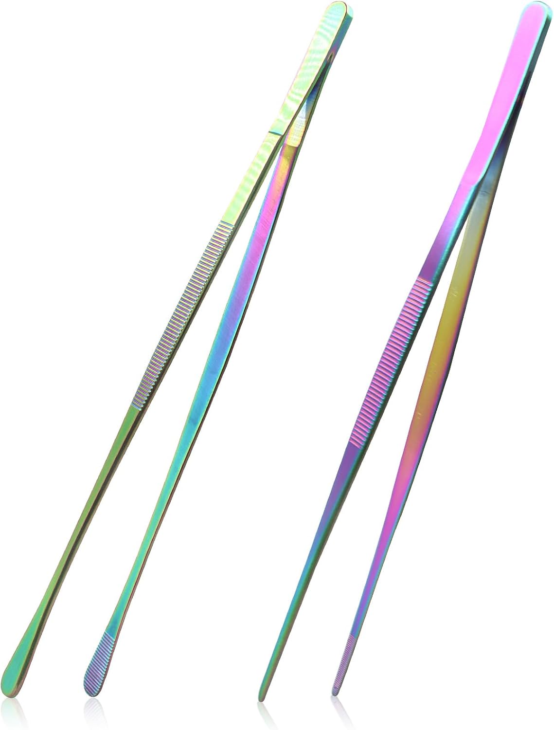 2 Pcs Stainless Steel Tweezers Tongs, 12 Inch Extra-Long Tweezers with Precision Serrated Tips for Kitchen Cooking, Baking, Garden (Rainbow)