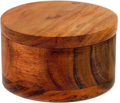 Kaizen Casa Acacia Wood Salt or Spice Box with Swivel Cover perfect for keeping table salt, gourmet salts, herbs or favorite seasonings, close at hand on your countertop.
