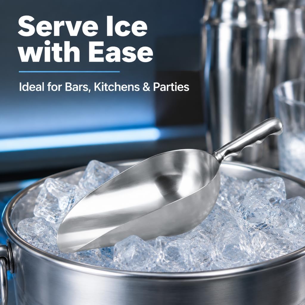 24oz Ice Cube Endurance Scoop, Cast Aluminum Shovel, Kitchen Utility Scoops With Finger Groove Handle, Ideal for Ice Cube, Coffee, Bean, Food, Candy, Flour, Popcorn Rust Free - Silver