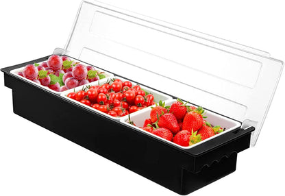 Fruit Veggie Condiment Caddy with Lid, 3 Compartment Plastic Dispenser Tray for Catering Dips Toppings, Serving Taco, Ice Cream, Fruit, & Salad Bar Garnish Organizer for Restaurant Supplies