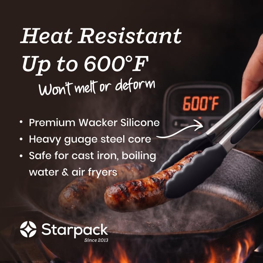 Starpack Get a Grip Silicone Kitchen Tongs (2-Pack, 9" + 12") - LFGB Non Toxic, 600°F Heat Resistant, BPA-Free - Heavy-Duty Stainless Steel, Locking - Dishwasher Safe for Nonstick Cookware