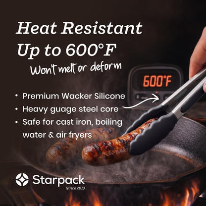 Starpack Get a Grip Silicone Kitchen Tongs (2-Pack, 9" + 12") - LFGB Non Toxic, 600°F Heat Resistant, BPA-Free - Heavy-Duty Stainless Steel, Locking - Dishwasher Safe for Nonstick Cookware